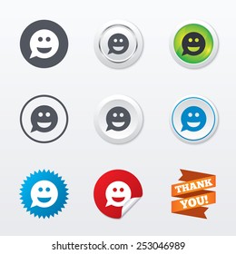 Smile face sign icon. Happy smiley chat symbol. Speech bubble. Circle concept buttons. Metal edging. Star and label sticker. Vector