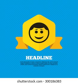Smile face sign icon. Happy smiley with hairstyle chat symbol. Yellow label tag. Circles seamless pattern on back. Vector