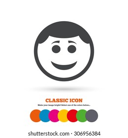 Smile face sign icon. Happy smiley with hairstyle chat symbol. Classic flat icon. Colored circles. Vector