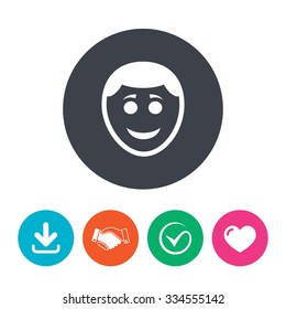 Smile face sign icon. Happy smiley with hairstyle chat symbol. Download arrow, handshake, tick and heart. Flat circle buttons.