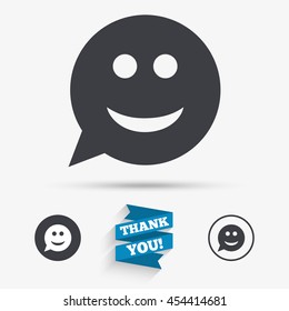 Smile face sign icon. Happy smiley chat symbol. Speech bubble. Flat icons. Buttons with icons. Thank you ribbon. Vector