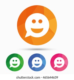 Smile face sign icon. Happy smiley chat symbol. Speech bubble. Triangular low poly button with flat icon. Vector