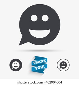 Smile face sign icon. Happy smiley chat symbol. Speech bubble. Flat icons. Buttons with icons. Thank you ribbon. Vector