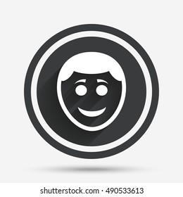 Smile face sign icon. Happy smiley with hairstyle chat symbol. Circle flat button with shadow and border. Vector