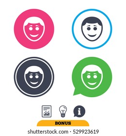 Smile face sign icon. Happy smiley with hairstyle chat symbol. Report document, information sign and light bulb icons. Vector