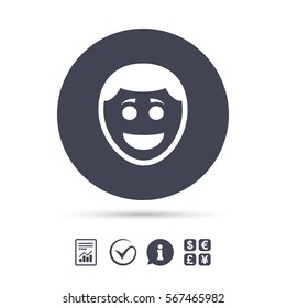 Smile face sign icon. Happy smiley with hairstyle chat symbol. Report document, information and check tick icons. Currency exchange. Vector