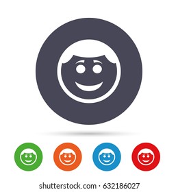 Smile face sign icon. Happy smiley with hairstyle chat symbol. Round colourful buttons with flat icons. Vector
