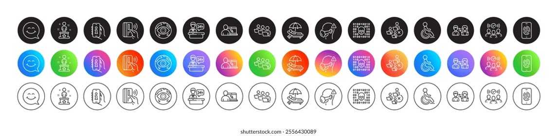 Smile face, Sunbed and Contactless payment line icons. Round icon gradient buttons. Pack of Online education, Squad, Success icon. Binary code, Teamwork, Fingerprint pictogram. Vector