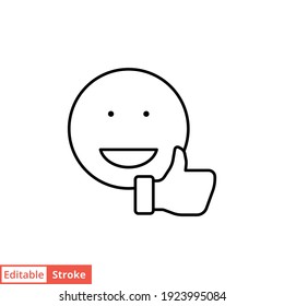 Sonreir cara y pulgar hacia arriba icono de gesto de la mano. Como, feliz, favorita, amor y testimonios. Estilo de contorno simple. Ilustración vectorial aislada en fondo blanco. EPS de trazo editable 10.