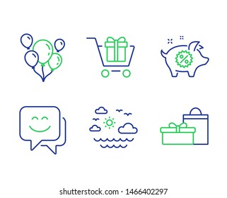 Smile face, Travel sea and Shopping cart line icons set. Piggy sale, Balloons and Gifts signs. Chat, Summer holidays, Gift box. Discounts. Holidays set. Line smile face outline icons. Vector
