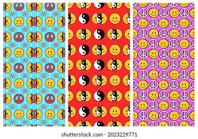 Smile face trippy 3 seamless patterns,Yin Yang pacific set collection.Vector hand drawn cartoon character illustration.Smile trippy face,hippie peace pacifist sign,Yin Yang seamless pattern concept