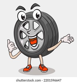 Smile Face Tyre Character Make Calling Symbol Hand. Tire Repair Shop Customer Service Concept. Funky Tire Mascot Icon Illustration