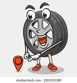 smile face tyre character pointing locattion. funky tire mascot icon illustration