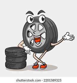 Smile Face Tyre Character Standing In Front Tires Stack. Funky Tire Mascot Icon Illustration