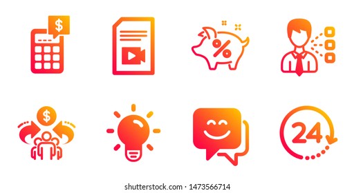 Smile face, Video file and Light bulb line icons set. Third party, Sharing economy and Calculator signs. Loan percent, 24 hours symbols. Chat, Vlog page. Business set. Vector