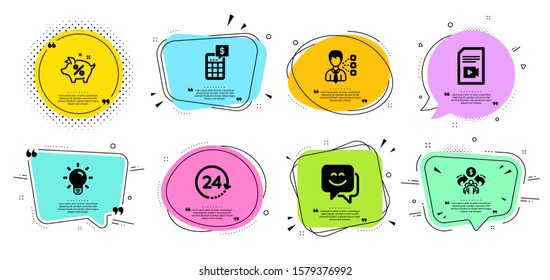 Smile face, Video file and Light bulb line icons set. Chat bubbles with quotes. Third party, Sharing economy and Calculator signs. Loan percent, 24 hours symbols. Chat, Vlog page. Business set. Vector