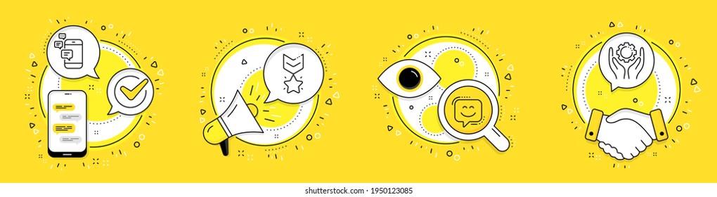 Smile face, Winner medal and Communication line icons set. Cell phone, megaphone and deal vector icons. Employee hand sign. Chat, Ranking star, Smartphone messages. Work gear. Technology set. Vector