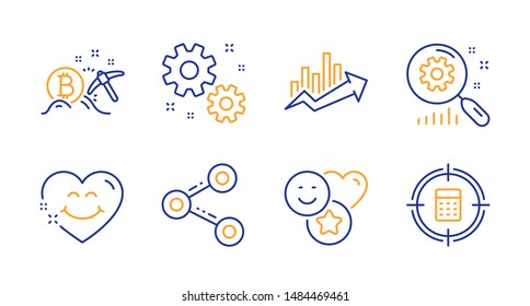 Smile face, Smile and Work line icons set. Growth chart, Share and Bitcoin mining signs. Search statistics, Calculator target symbols. Love heart, Social media likes. Technology set. Vector