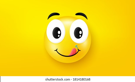 Smile face yellow background. Happiness fun thoughts face emotion. Round cartoon character banner. Funny celebration poster template. Character smile emotion. Funny vector yellow background.