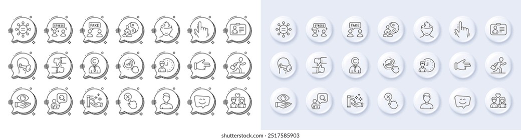 Iconos de la línea del ojo de la sonrisa, del yoga y de la salud. Botones 3d de pin blanco, iconos de burbujas de chat. Paquete de horas de trabajo, estrés difícil, icono del cursor. Headshot, Businessman run, Like pictogram. Vector