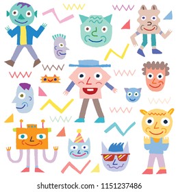 Smile Faces Characters Doodles Set 4 Spot Colors