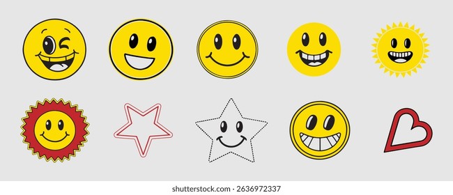 Smile Faces, Comic Labels and Geometric Shapes in Line and Colorful Vector Style on White Background