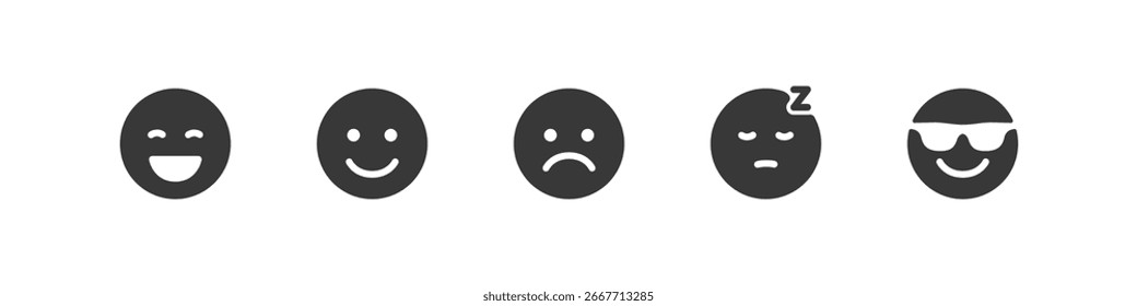 Caras sonrientes, emoticonos y un conjunto de iconos llenos. Colección de expresiones felices y tristes.