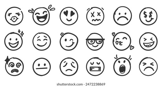 Smile faces icon in hand drawn style. Doddle faces vector illustration on isolated background. Happy and sad face sign business concept.