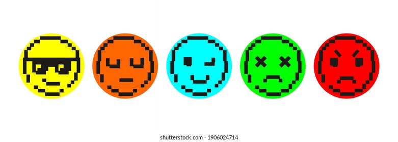 Smile faces in pixel art. Various emoji icons. A set of different faces emotions. Cool in sunglasses, brooding, funny, dead, angry. Сollection of digital flat 8 bit icons. Vector illustration.