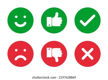 smile faces, thumbs up and down, check mark and cross solid round green and red icons set