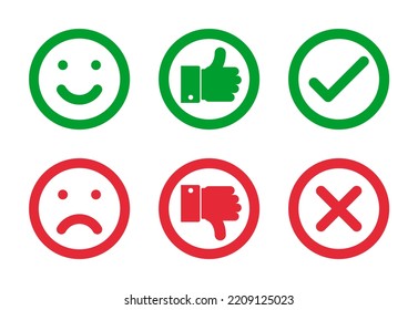 smile faces, thumbs up and down, check mark and cross outline green and red icons set