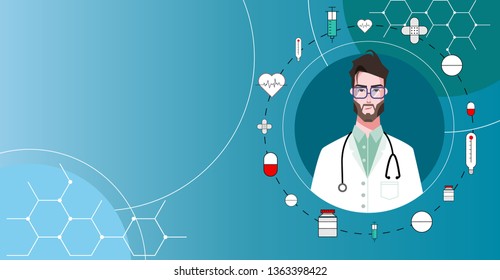 Smile family doctor and healthcare icons, including a pill and medicine bottles, drugs, syringes, hearts and Adhesive bandage. Health service, medical consultation. Vector illustration