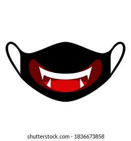 Smile With Fangs Count Dracula Medical Mask Halloween. Stay At Home Concept And Covid19. Vector Illustration Isolated On White Background