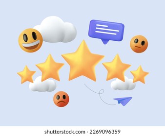 Smile feedback customers in emoji circles with joyful to sad 3D illustration. 3D rating instead of stars emoticon icons, teamwork on reviews and customer reviews, rating reviews, vector illustration