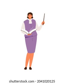 Smile female teacher with a pointer and a book in her hands. Back to school vector illustration