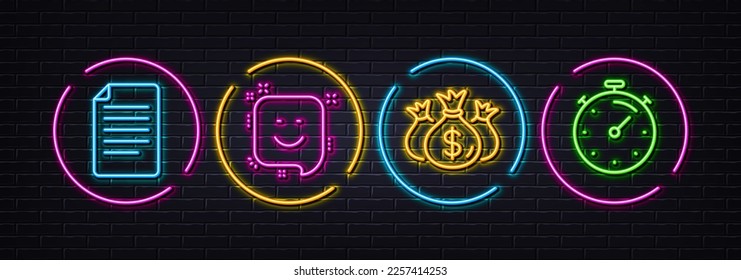 Smile, File and Check investment minimal line icons. Neon laser 3d lights. Timer icons. For web, application, printing. Positive feedback, Paper page, Business report. Deadline management. Vector