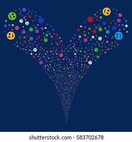 Smile fireworks stream. Vector illustration style is flat bright multicolored iconic symbols on a blue background. Object double fountain created from random design elements.