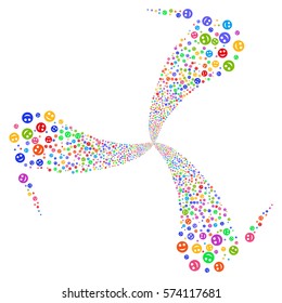 Smile fireworks swirl rotation. Vector illustration style is flat bright multicolored iconic symbols on a white background. Object whirlpool done from random symbols.