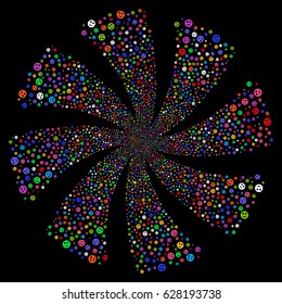 Smile fireworks swirl rotation. Vector illustration style is flat bright multicolored iconic symbols on a black background. Object whirlpool combined from random design elements.