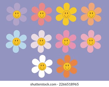  smile flower cartoon groovy hippie daisy seamless pattern Funny happy sticker vector illustration