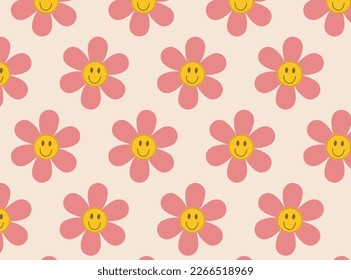  smile flower cartoon groovy hippie daisy seamless pattern Funny happy sticker vector illustration