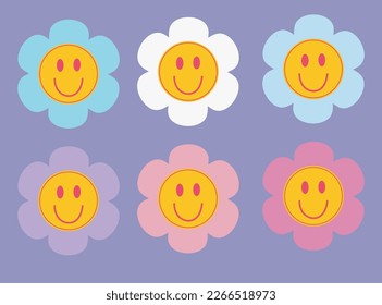  smile flower cartoon groovy hippie daisy seamless pattern Funny happy sticker vector illustration