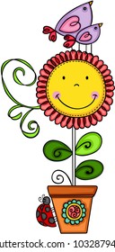 Smile flower in a clay pot with couple birds