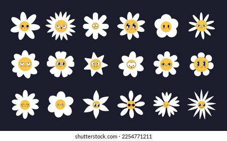 Smile flower face, happy daisy. Cute fun groovy characters, chamomile plant emoji, positive baby comic art. Happy 70s hippie botanical elements. Summer blossoms. Vector cartoon recent icons