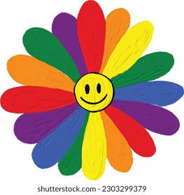 Smile flower  rainbow  oil brush paint in heart shape.LGBT  Pride month watercolor texture concept. Vector illustration. 