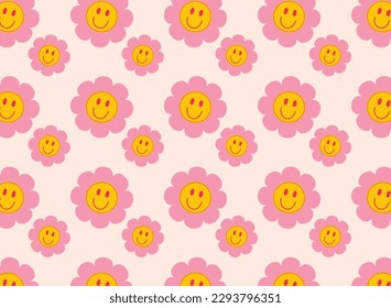 sonrisa flor patrón sin fisuras dibujos animados groovy hippie daisy Funny feliz ilustración vector sticker