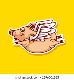 Smile Flying Pig Mascot Cute Cartoon Character Design Vector Illustration - Vector