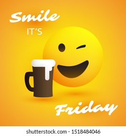 Smile! It's Friday - Banner with Winking Eyed Emoji and a Glass of Beer