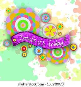 Smile it's Friday cheer up, motivational background. Flowers made of acrylic, Watercolor, handmade, from original canvas art. Grunge paint banner with brush stroke effect. 3d shadows. 