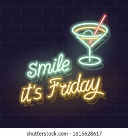 Smile, it is friday neon handwritten typography or brick wall background. Illustration for bar or pub poster, square social network post, flyer, advertisement. Isolated elements for any dark backgroun